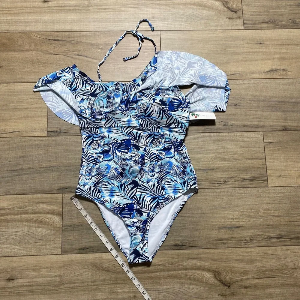Stylish Swimwear Womens One Piece Floral Ruffle Halter Swimsuit Size‎ L Blue